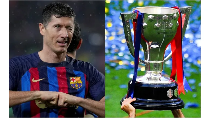 Robert Lewandowski of Barcelona and La Liga trophy