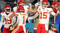 Chiefs celebrating a touchdown in Super Bowl LVII.
