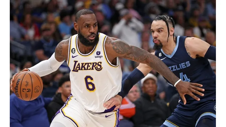 LeBron James of the Lakers and Dillon Brooks of the Grizzlies during the first round of the NBA Playoffs