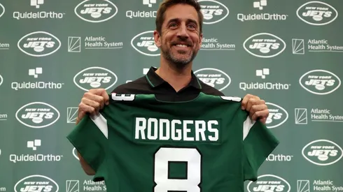 Aaron Rodgers after being introduced as quarterback of the New York Jets