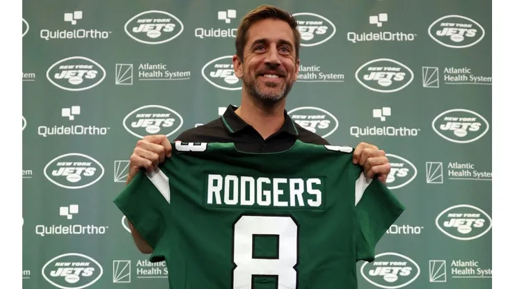 Aaron Rodgers after being introduced as quarterback of the New York Jets