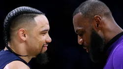 Dillon Brooks (left) talking to LeBron James before Game 3 of the Memphis Grizzlies vs Los Angeles Lakers series (2023)