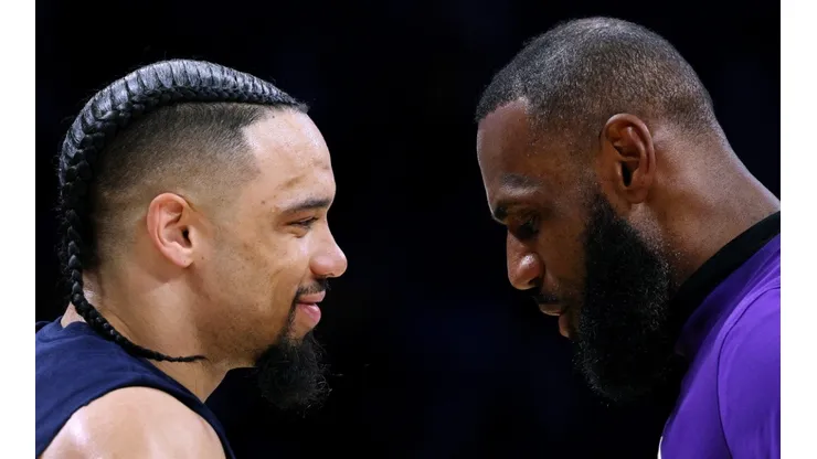 Dillon Brooks (left) talking to LeBron James before Game 3 of the Memphis Grizzlies vs Los Angeles Lakers series (2023)
