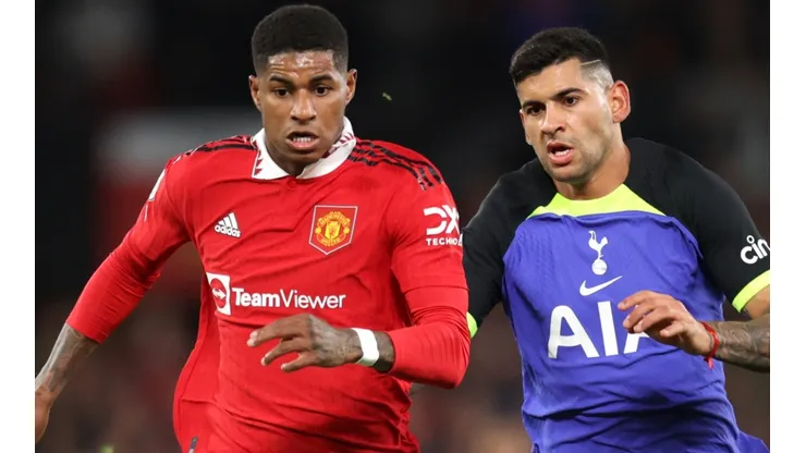 Marcus Rashford of Manchester United and Cristian Romero of Tottenham
