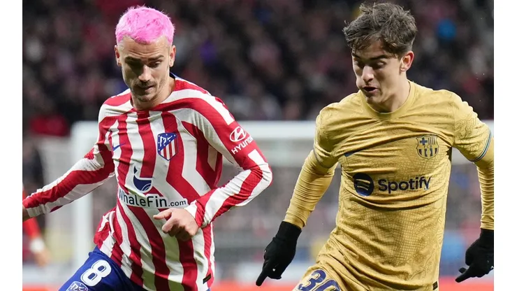 Antoine Griezmann of Atletico Madrid and Gavi of Barcelona