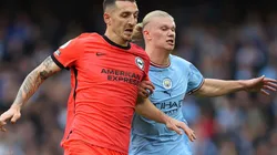 Lewis Dunk of Brighton and Erling Haaland of Manchester City