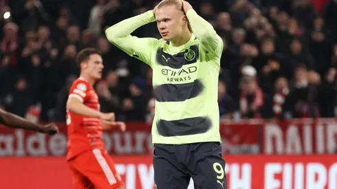 Erling Haaland of Manchester City reacts after missing a penalty kick.