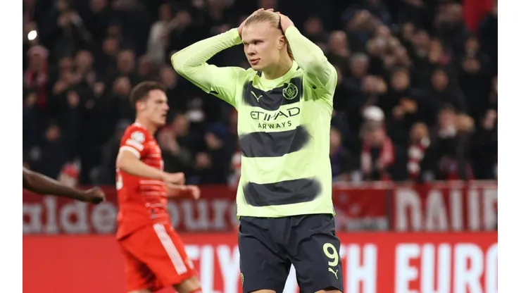 Erling Haaland of Manchester City reacts after missing a penalty kick.