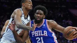 Nic Claxton of the Brooklyn Nets and Joel Embiid of the Philadelphia 76ers