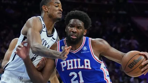 Nic Claxton of the Brooklyn Nets and Joel Embiid of the Philadelphia 76ers