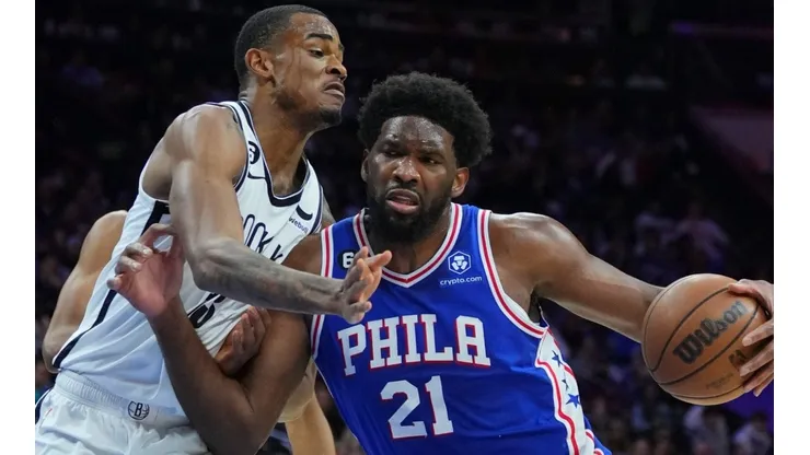 Nic Claxton of the Brooklyn Nets and Joel Embiid of the Philadelphia 76ers