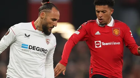 Nemanja Gudelj of Sevilla and Jadon Sancho of Manchester United