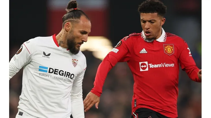 Nemanja Gudelj of Sevilla and Jadon Sancho of Manchester United