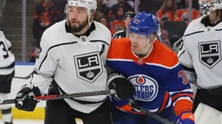 Drew Doughty of the Los Angeles Kings and Warren Foegele of the Edmonton Oilers