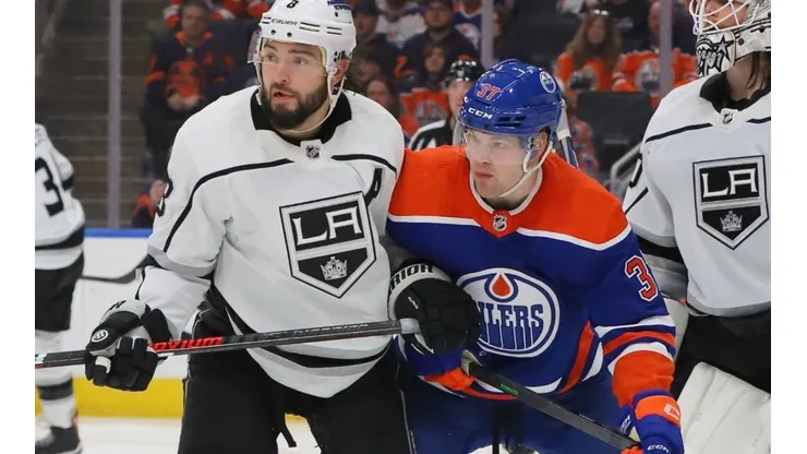 Drew Doughty of the Los Angeles Kings and Warren Foegele of the Edmonton Oilers