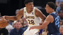 Rui Hachimura #28 of the Los Angeles Lakers handles the ball during the second half against Desmond Bane #22 of the Memphis Grizzlies