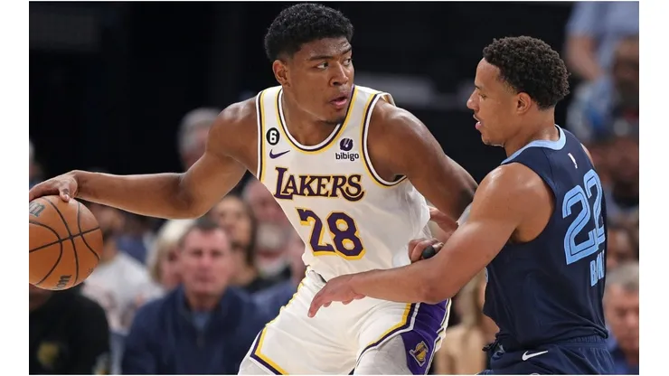 Rui Hachimura #28 of the Los Angeles Lakers handles the ball during the second half against Desmond Bane #22 of the Memphis Grizzlies