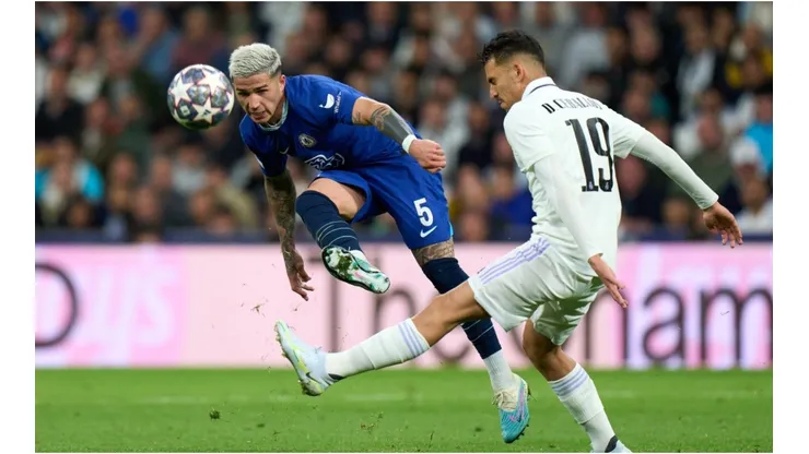 Enzo Fernandez of Chelsea FC is challenged by Dani Ceballos of Real Madrid