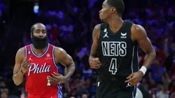 James Harden #1 of the Philadelphia 76ers reacts in front of Edmond Sumner #4 of the Brooklyn Nets
