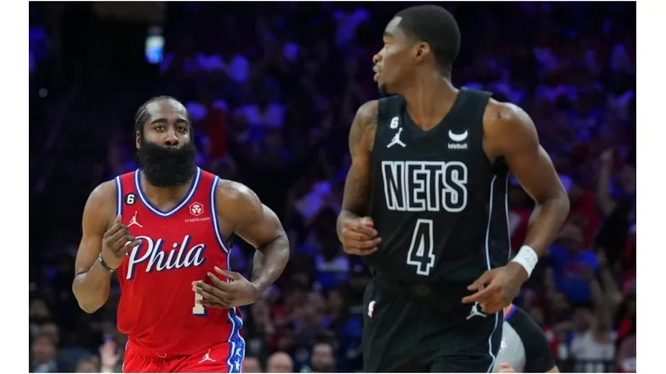 James Harden #1 of the Philadelphia 76ers reacts in front of Edmond Sumner #4 of the Brooklyn Nets