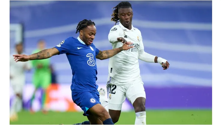 Raheem Sterling of Chelsea FC is challenged by Eduardo Camavinga of Real Madrid