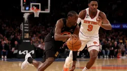 Caris LeVert #3 of the Cleveland Cavaliers heads for the net as RJ Barrett #9 of the New York Knicks defends