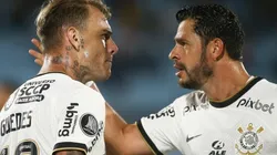 Roger Guedes of Corinthians celebrates with teammate Giuliano