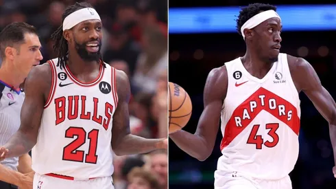 Patrick Beverley #21 of the Chicago Bulls (R) and Pascal Siakam #43 of the Toronto Raptors (L)