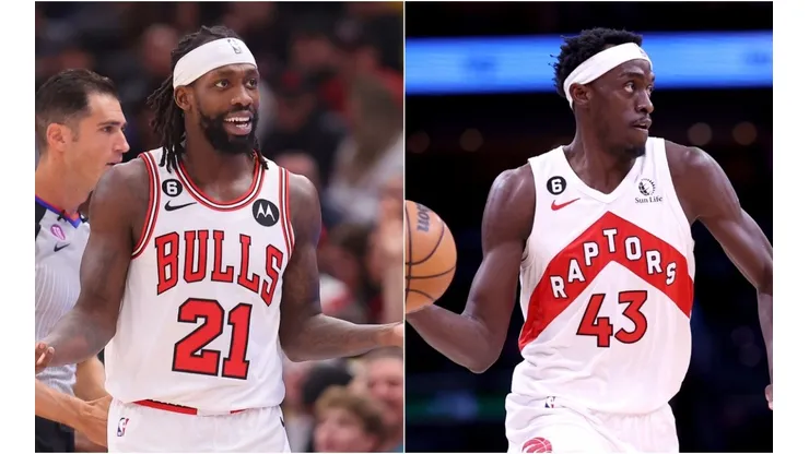 Patrick Beverley #21 of the Chicago Bulls (R) and Pascal Siakam #43 of the Toronto Raptors (L)