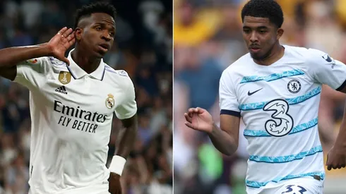 Vinicius Junior of Real Madrid (L) and Wesley Fofana of Chelsea FC (R)