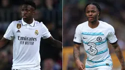 Vinicius Junior of Real Madrid (L) and Raheem Sterling of Chelsea FC (R)