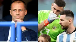 Aleksander Ceferin, Emiliano Martinez, and Lionel Messi