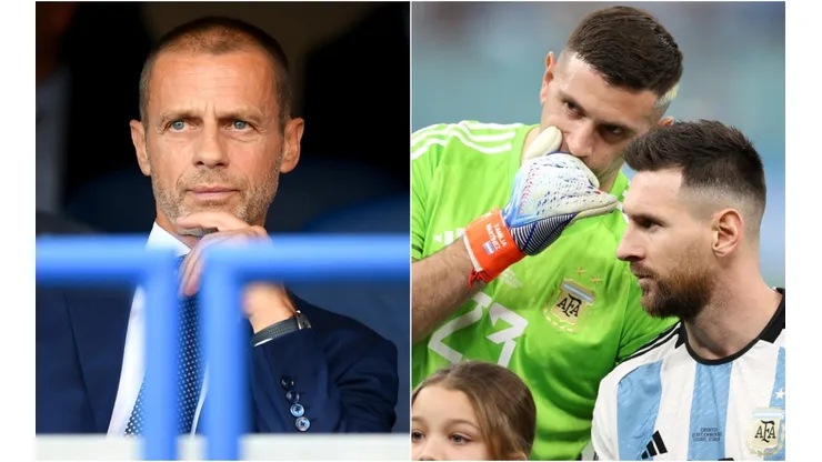 Aleksander Ceferin, Emiliano Martinez, and Lionel Messi