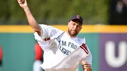 Travis Kelce throwing the first pitch for the Guardians