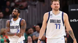 Kyrie Irving #2 and Luka Doncic #77 of the Dallas Mavericks react against the Atlanta Hawks