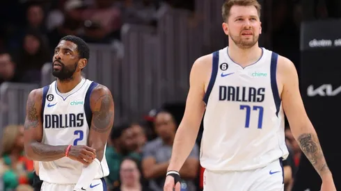 Kyrie Irving #2 and Luka Doncic #77 of the Dallas Mavericks react against the Atlanta Hawks