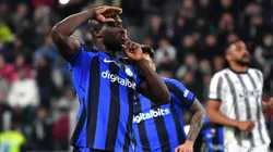 Romelu Lukaku of Inter Milan celebrates after scoring the team's first goal during the Coppa Italia semifinal match against Juventus
