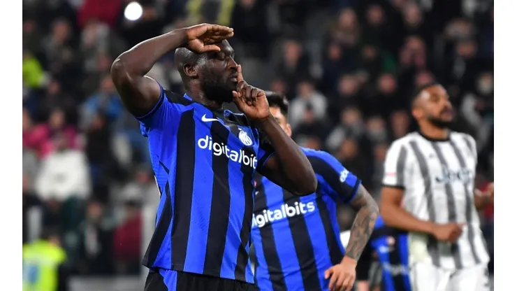 Romelu Lukaku of Inter Milan celebrates after scoring the team's first goal during the Coppa Italia semifinal match against Juventus
