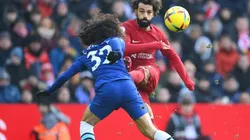 Mohamed Salah of Liverpool shoots past Marc Cucurella of Chelsea