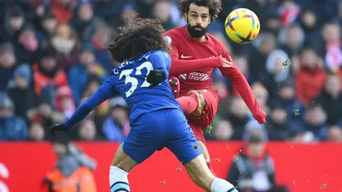 Mohamed Salah of Liverpool shoots past Marc Cucurella of Chelsea