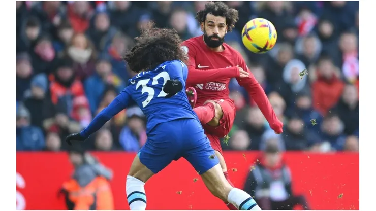 Mohamed Salah of Liverpool shoots past Marc Cucurella of Chelsea