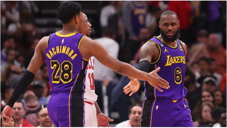Rui Hachimura #28 and LeBron James #6 of the Los Angeles Lakers