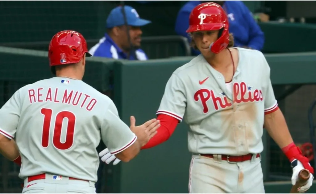 Alec Bohm greeting JT Realmuto
