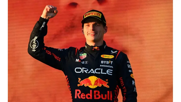 Max Verstappen on the podium after winning the 2023 F1 Australian Grand Prix