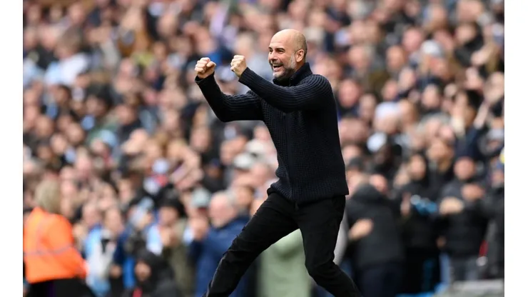 Pep Guardiola celebrating during the match between Manchester City and Liverpool in the 2022-2023 Premier League