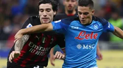 Sandro Tonali of Milan and Giacomo Raspadori of Napoli