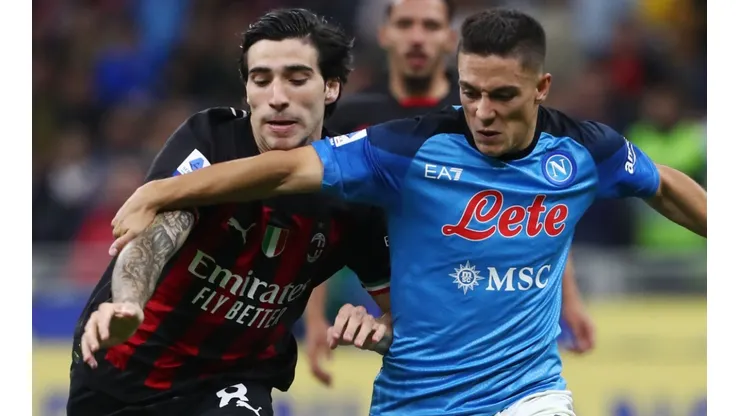 Sandro Tonali of Milan and Giacomo Raspadori of Napoli