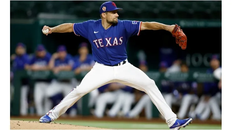 Nathan Eovaldi #17 of the Texas Rangers