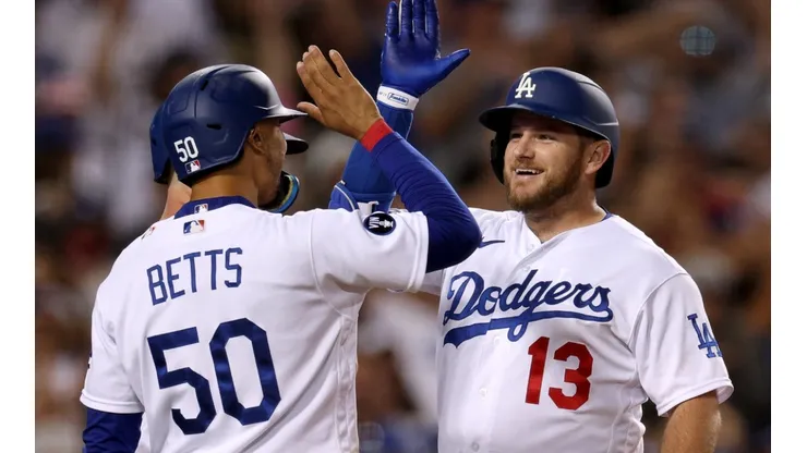 Mookie Betts and Max Muncy of the Los Angeles Dodgers
