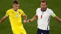 Heorhii Sudakov of Ukraine and Harry Kane of England